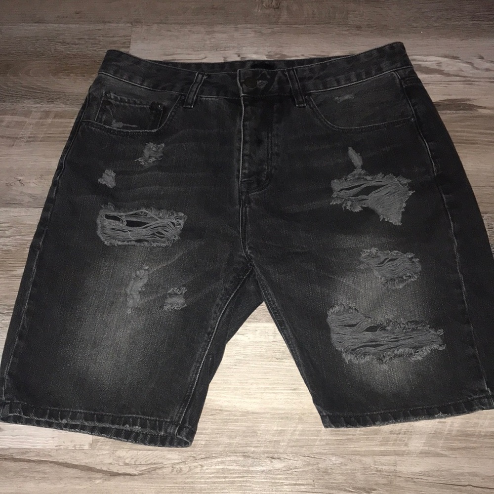 ASOS black distressed denim shorts size 32